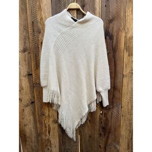 Cream Fringe Poncho Sweater Cape One Size Cozy Oversized Outerwear Boho Cottage‎